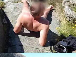 Big cock solo play in the open air