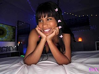 Young black babe gives a sloppy blowjob and gets a POV cumshot on her lingerie