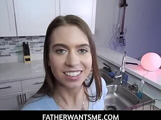 Horny girl gives her stepdad a handjob and fucks him in the kitchen