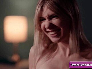 Young and attractive lesbian pornstars Alison Rey and Kate Kennedy engage in intense scissoring and oral sex, focusing on licking each other's genitals.