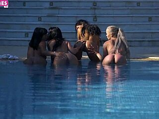 Poolside lesbian sex train with hot brunette babes.