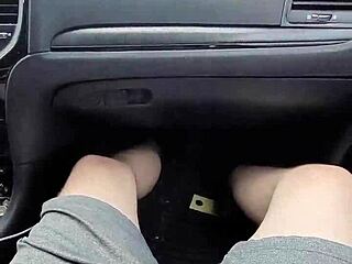 Petite girlfriend gives a handjob and blowjob in public car