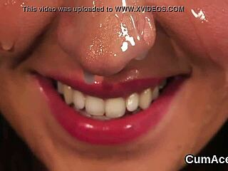 Seductive beauty receives a facial of hot cum while expertly swallowing it all