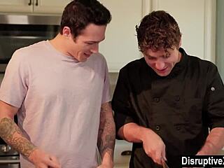 Gay anal sex with cooking instructor in kitchen