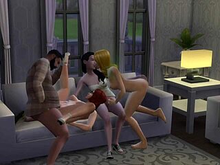 A hot and steamy orgy with a young and old couple and a lesbian duo in The Sims 4