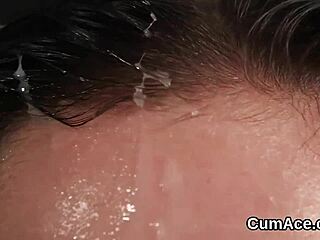 Beautiful woman gets facial with cum after blowbang and swallows the semen