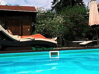 Hot erotic scenes with a friend Mimi Cica at the pool in Scandinavian scenery