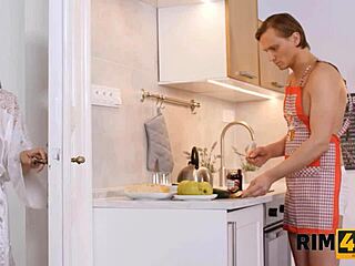 Wife worships her husband's ass while he cooks