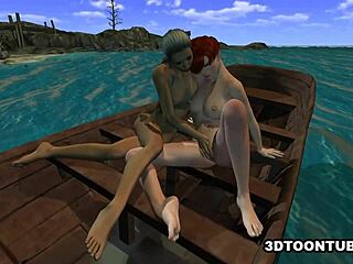 3D cartoon lesbian babes enjoy hot boat party on the lake