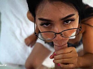 Asian girlfriend gets cum on glasses after rough blowjob