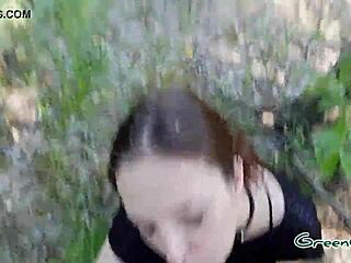 Slut gets a deep throat job in the woods