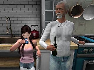 Grandpa and uncle have sex with brunette in Second Life