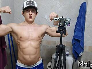 This is a sneak peek of a hunk showing off his muscles and ejaculating