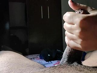 Bailey Quinn gives a very hot handjob to a man with a big dick and ends up cumming