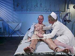 Nurse in hot MILF uniform tortures patient's cock