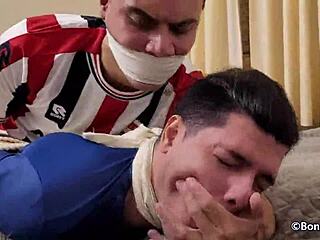 Gay boyfriends choked and gagged in bondage fun