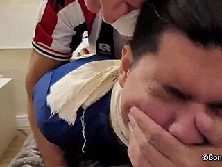 Gay boyfriends choked and gagged in bondage fun
