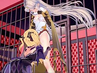 Cartoon Fischl and Ningguang engage in intense sex acts