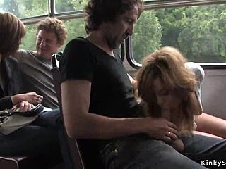 Black beauty gets bound and fucked on a public bus