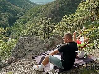 Old cuckold husband watches his wife get fucked outdoors