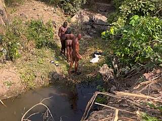 Country teen gets rough gang bang in river for quickie