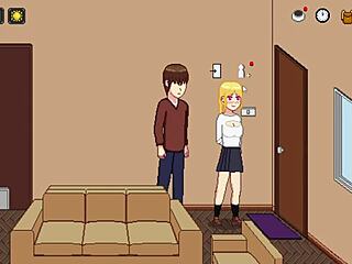 Beautiful blonde enjoys visual novel game