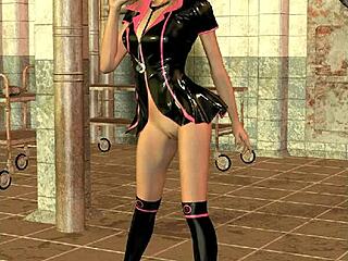 3D cartoon nurse in latex uniform
