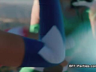 Superhero cosplayers in hardcore sex scene with dildo and blowjob
