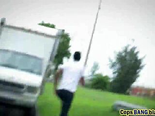Black man apprehended by police and involved in a threesome outdoors