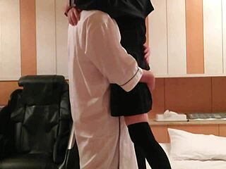 An Asian couple has a friend over for some winter cosplay and they also have sex