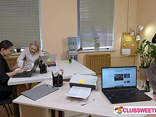 Hot office action with big tits and deepthroat blowjobs
