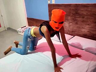 Hot brunette stepsis in a hotel room for Halloween fun