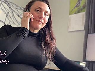 Stepmother gets a hot load while giving a blowjob on the phone