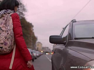 Nerdy hitchhiker Rita Lee gets a casual fuck and facial