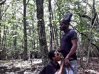 A hot blowjob in the woods with a gagging couple from the South