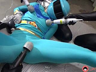 Japanese girl in blue space uniform gets wet and wild
