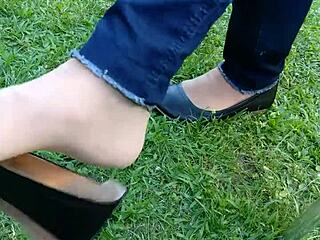 Tan nylons and flats with dipping fetish content