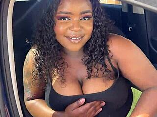 Ebony gets fucked through her tight shorts in public