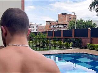 Petite teen seduces stepbrother for forbidden poolside sex act