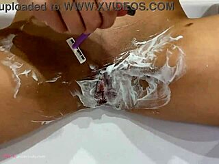 Close up crystal clear shaved pussy of natural tits